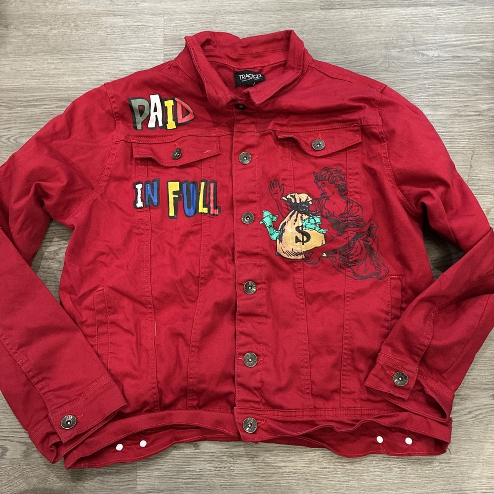 Track23 Red Denim Jean Jacket Paid In Full Graphic Print | Size XL